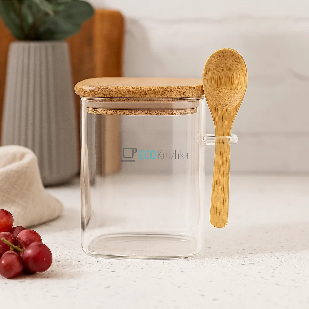 Скляна банка квадратна для зберігання цукру з бамбуковою кришкою та ложкою, 950 мл (992-030)