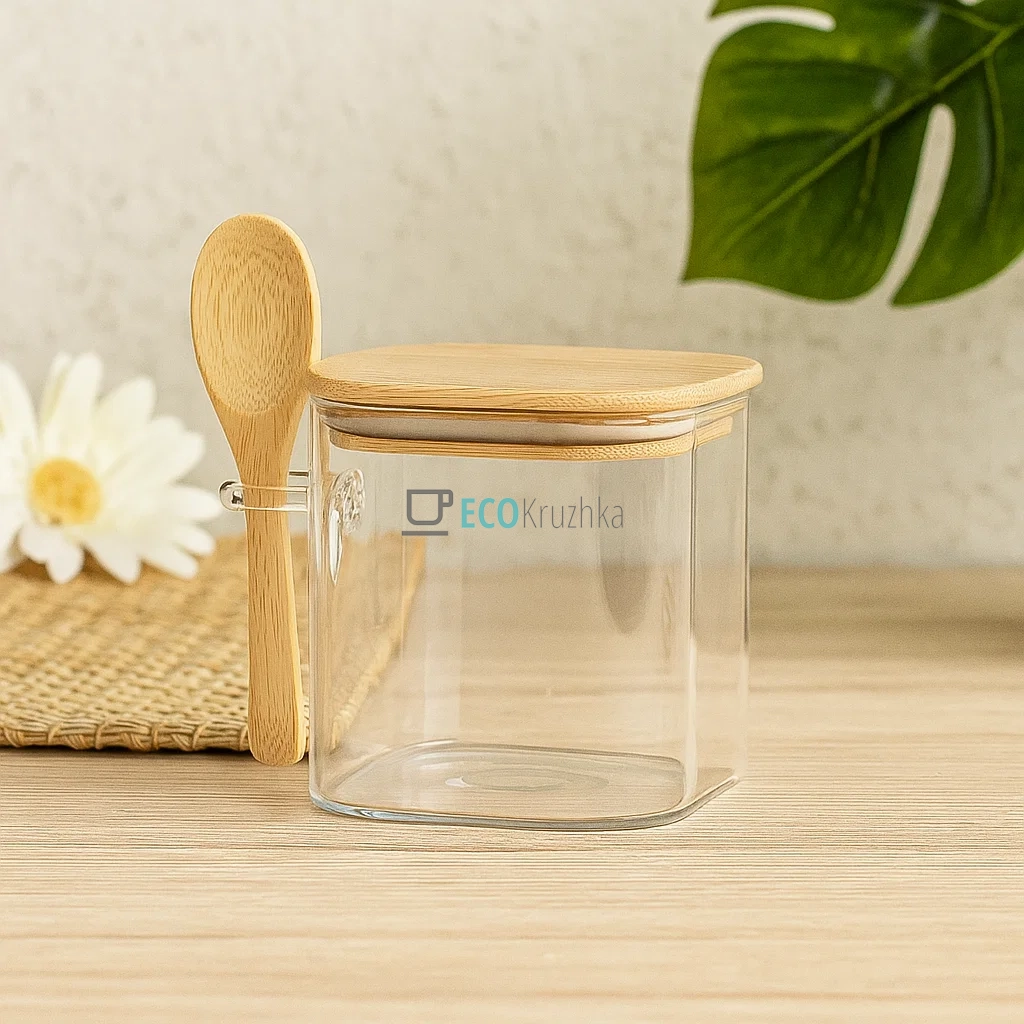 Скляна банка квадратна для зберігання цукру з бамбуковою кришкою та ложкою, 750 мл (992-031)