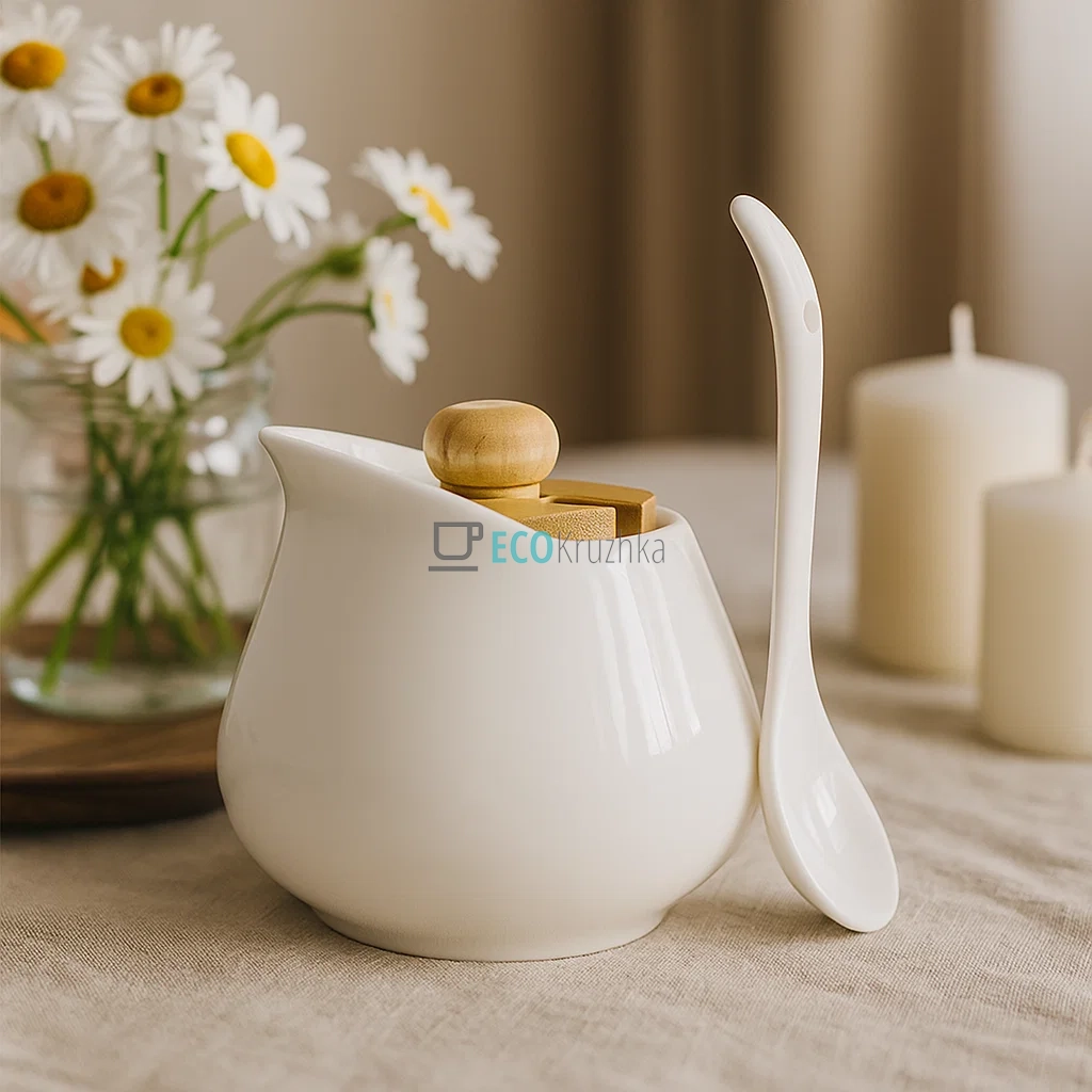 Цукорниця керамічна з ложкою та бамбуковою кришкою 150 мл Naturel (292-207) Цукорниця керамічна з ложкою та бамбуковою кришкою 150 мл Naturel (292-207)