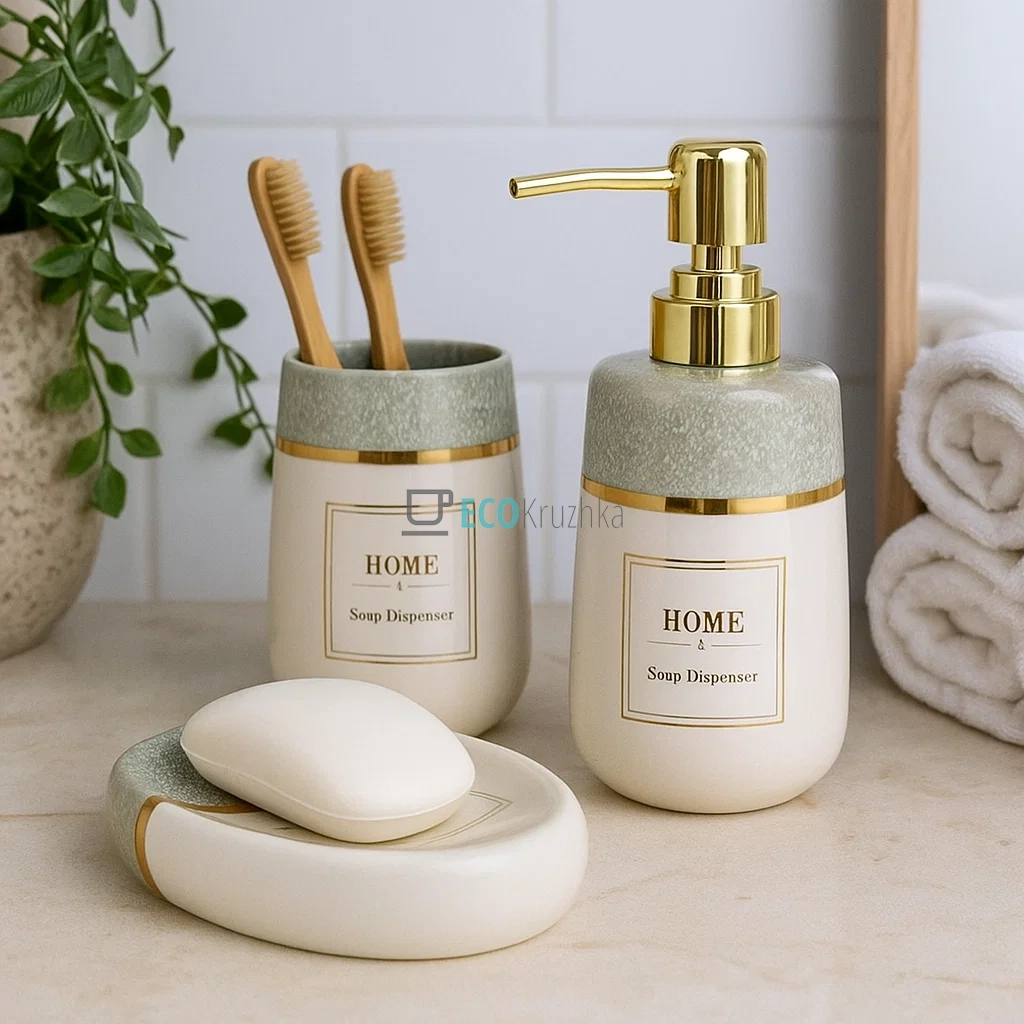Набір для ванної кімнати "Home" (дозатор, стакан, мильниця) – біло-зелений дизайн (853-178) Набір для ванної кімнати "Home" (дозатор, стакан, мильниця) – біло-зелений дизайн (853-178)