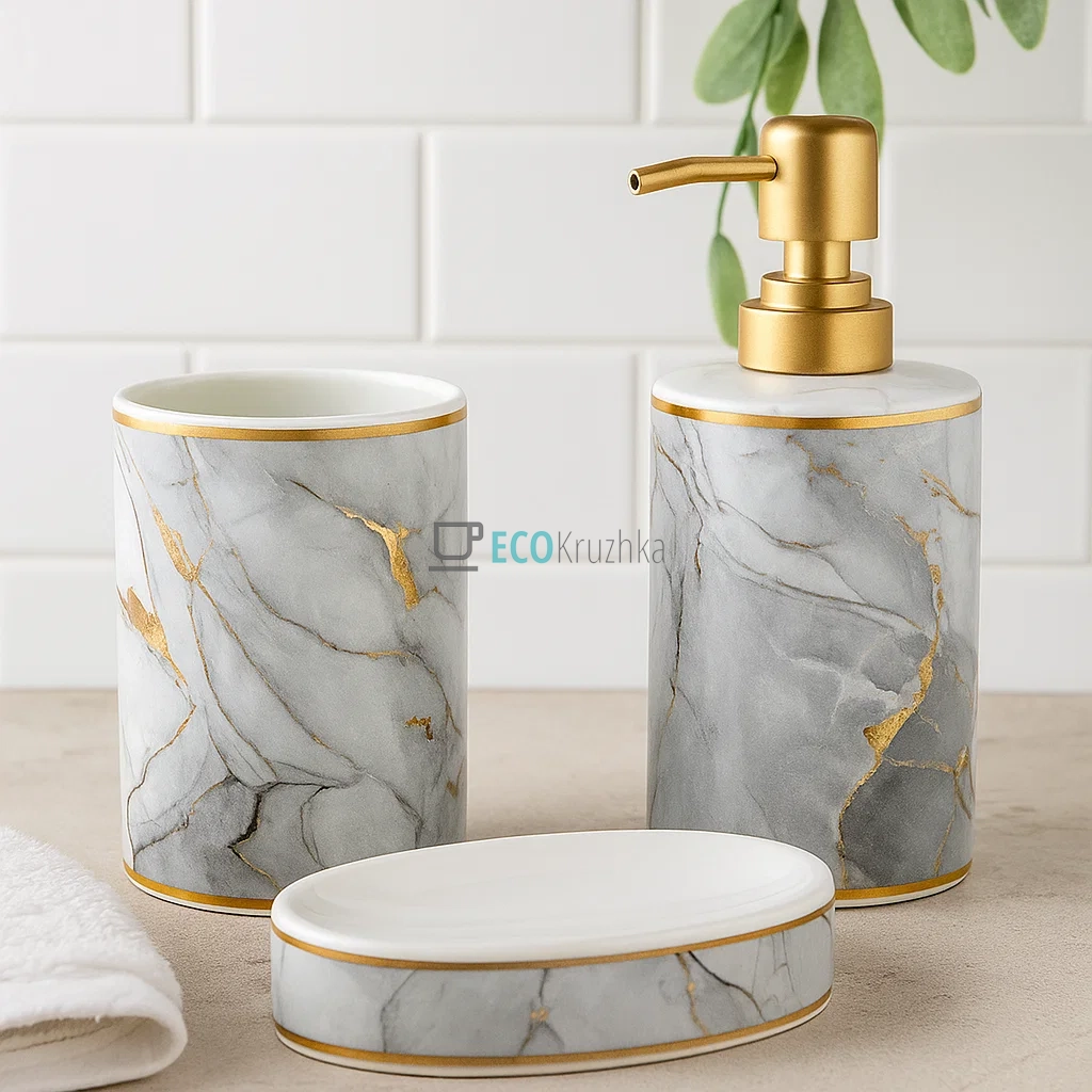 Набір для ванної кімнати "Сірий мармур із золотом" – дозатор, склянка, мильниця (853-173)