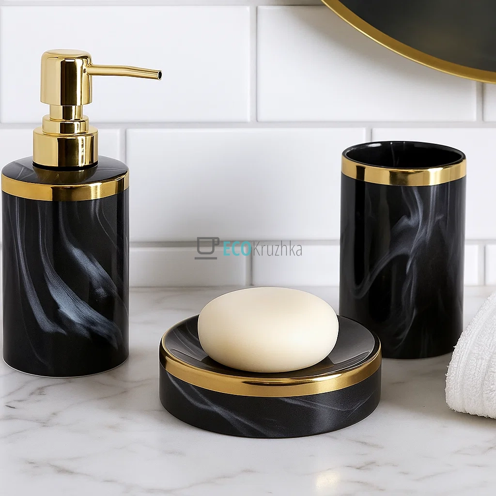 Набір "Luxury Marble" для ванної кімнати: дозатор 350 мл, склянка, мильниця, чорний мармур із золотом (851-338)