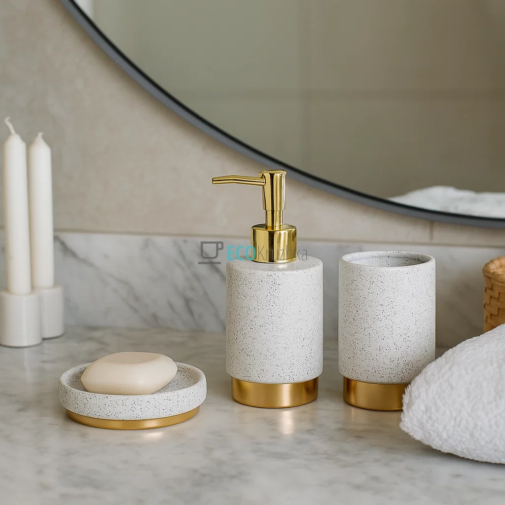 Набір "Golden Granite" для ванної кімнати: дозатор 350 мл, склянка, мильниця, дизайн білий граніт із золотом (851-335) Набір "Golden Granite" для ванної кімнати: дозатор 350 мл, склянка, мильниця, дизайн білий граніт із золотом (851-335)