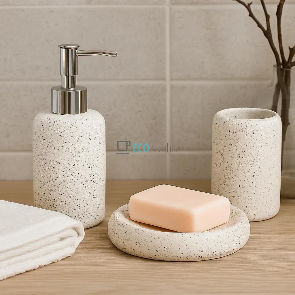 Набір "Granite White" для ванної кімнати: дозатор 350 мл, склянка, мильниця, дизайн білий граніт (851-328) Набір "Granite White" для ванної кімнати: дозатор 350 мл, склянка, мильниця, дизайн білий граніт (851-328)