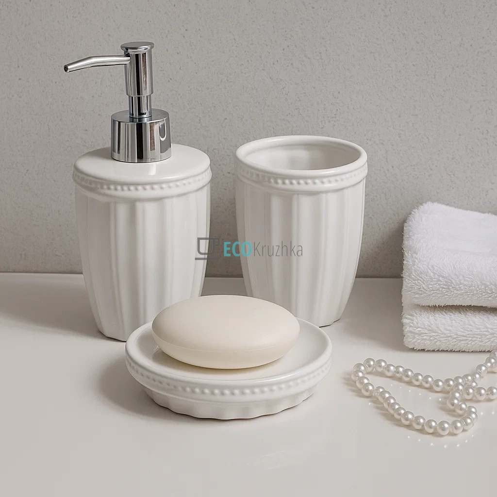 Набір для ванної кімнати (3 предмети): дозатор 390мл, склянка для зубних щіток 390 мл, мильниця, колір - білий (304-975) Набір для ванної кімнати (3 предмети): дозатор 390мл, склянка для зубних щіток 390 мл, мильниця, колір - білий (304-975)