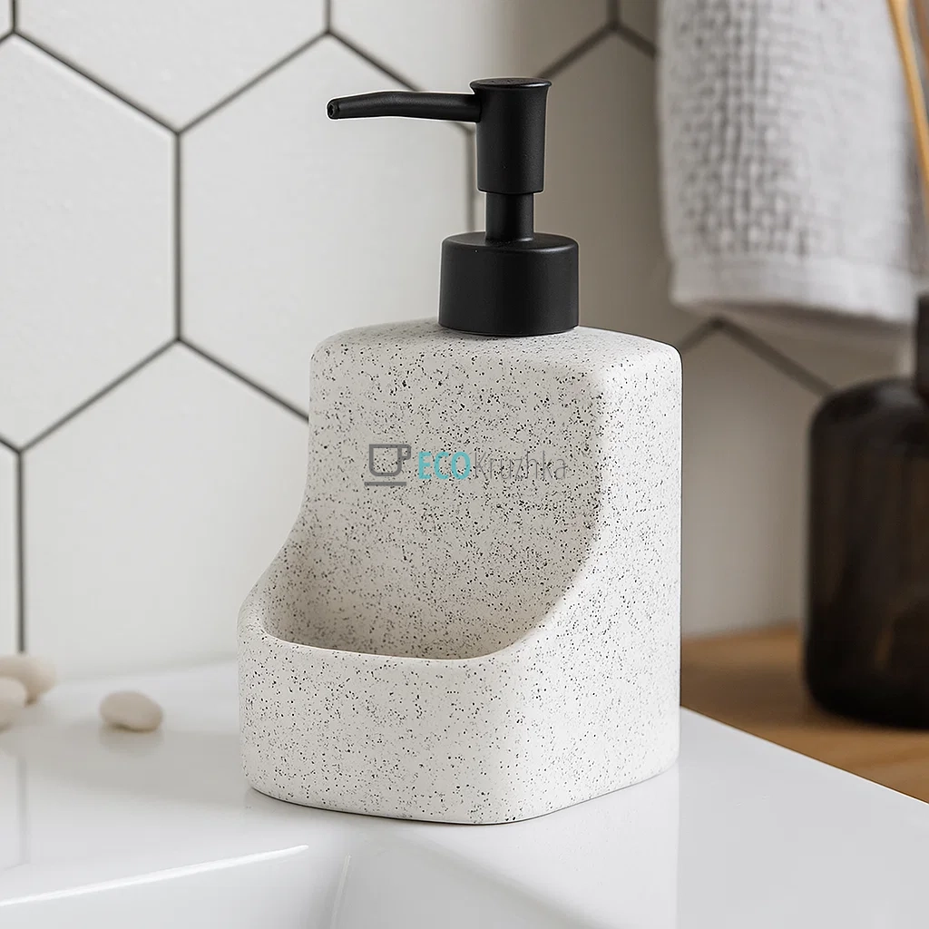 Дозатор "White Stone" для рідкого мила та мийного засобу з тримачем для губки, 400 мл, дизайн білий камінь (851-334)