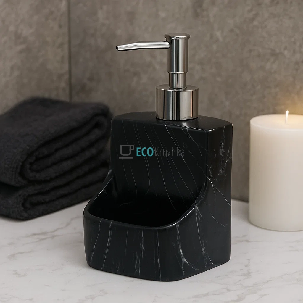 Дозатор "Black Marble" для рідкого мила та мийного засобу з тримачем для губки, 400 мл, дизайн чорний мармур (851-311)