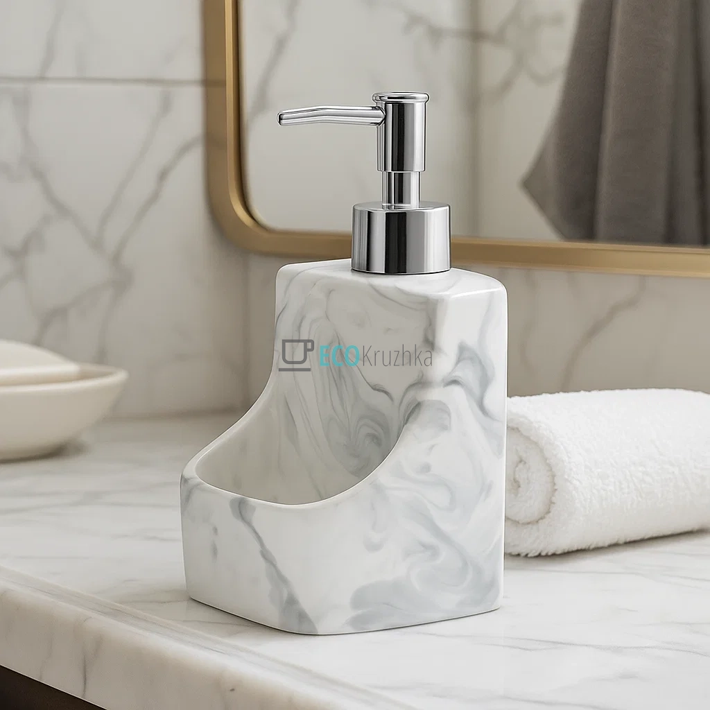 Дозатор "White Marble" для рідкого мила та мийного засобу з тримачем для губки, 400 мл, дизайн білий мармур (851-290) Дозатор "White Marble" для рідкого мила та мийного засобу з тримачем для губки, 400 мл, дизайн білий мармур (851-290)