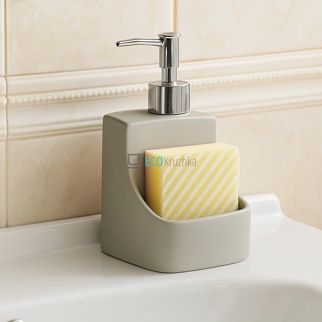 Дозатор для рідкого мила та мийного засобу з тримачем для губки, 400 мл, Сірий (851-310) Дозатор для рідкого мила та мийного засобу з тримачем для губки, 400 мл, Сірий (851-310)