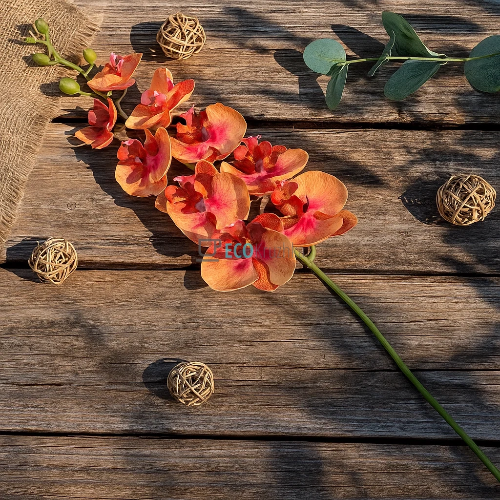 Штучна латексна орхідея, 9 квіток, 15x103 см, помаранчева (140-011) Штучна латексна орхідея, 9 квіток, 15x103 см, помаранчева (140-011)