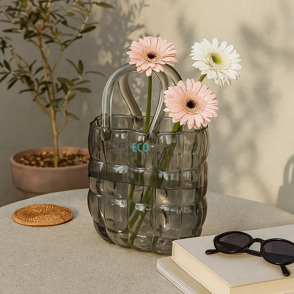 Ваза скляна у формі Сумочки 19 х 11 х 28 см, Прозорий сірий (RM1-408) Ваза скляна у формі Сумочки 19 х 11 х 28 см, Прозорий сірий (RM1-408)