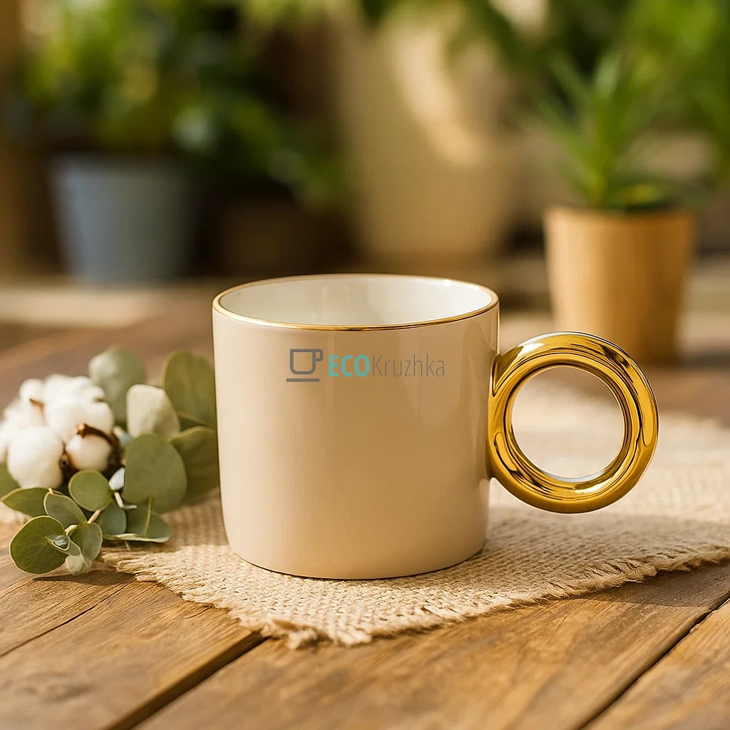 Кухоль порцеляновий з золотою ручкою "Бублик", 300 мл Бежевий (905-271) Кухоль порцеляновий з золотою ручкою "Бублик", 300 мл Бежевий (905-271)