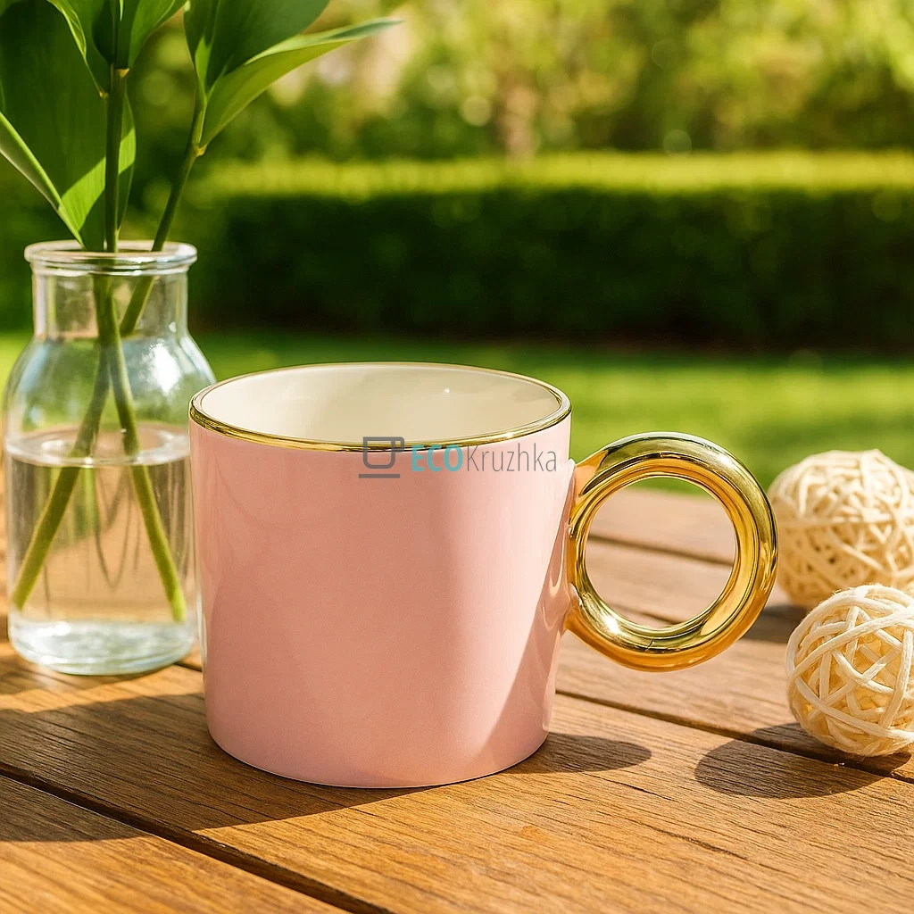 Кухоль порцеляновий з золотою ручкою "Бублик", 300 мл Рожевий (905-272) Кухоль порцеляновий з золотою ручкою "Бублик", 300 мл Рожевий (905-272)