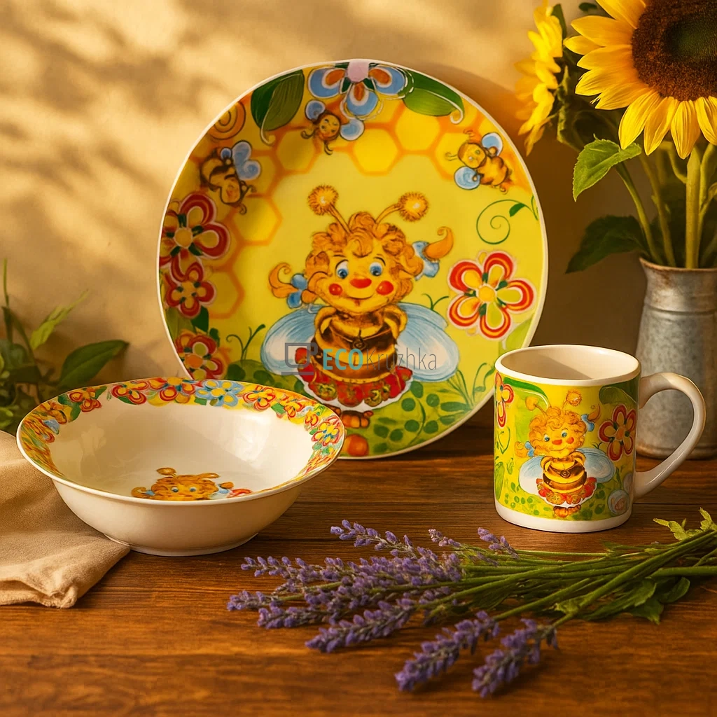 Дитячий фарфоровий посуд: набір з 3 предметів Бджілка CS170-10 Дитячий фарфоровий посуд: набір з 3 предметів Бджілка CS170-10