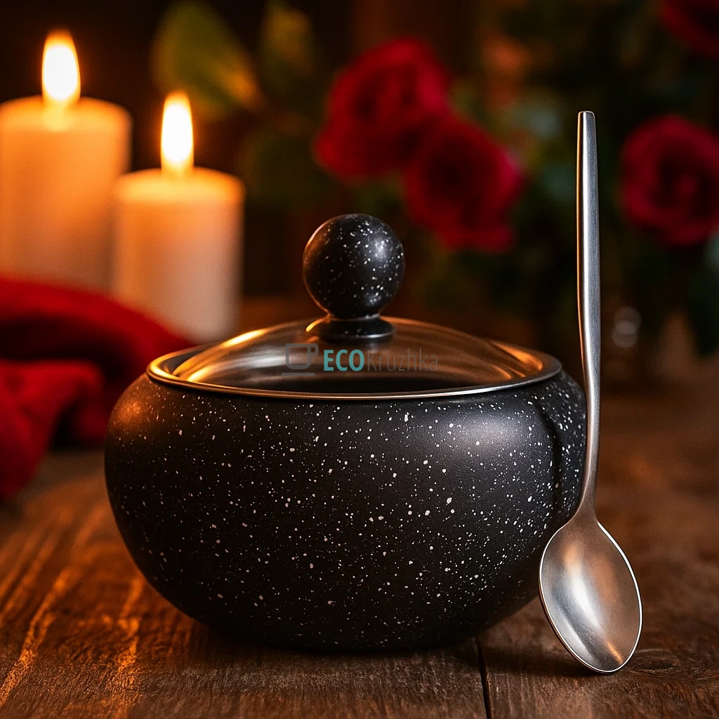 Цукорниця нержавіюча 450 мл з скляною кришкою та ложкою Чорний Edenberg EB-18031