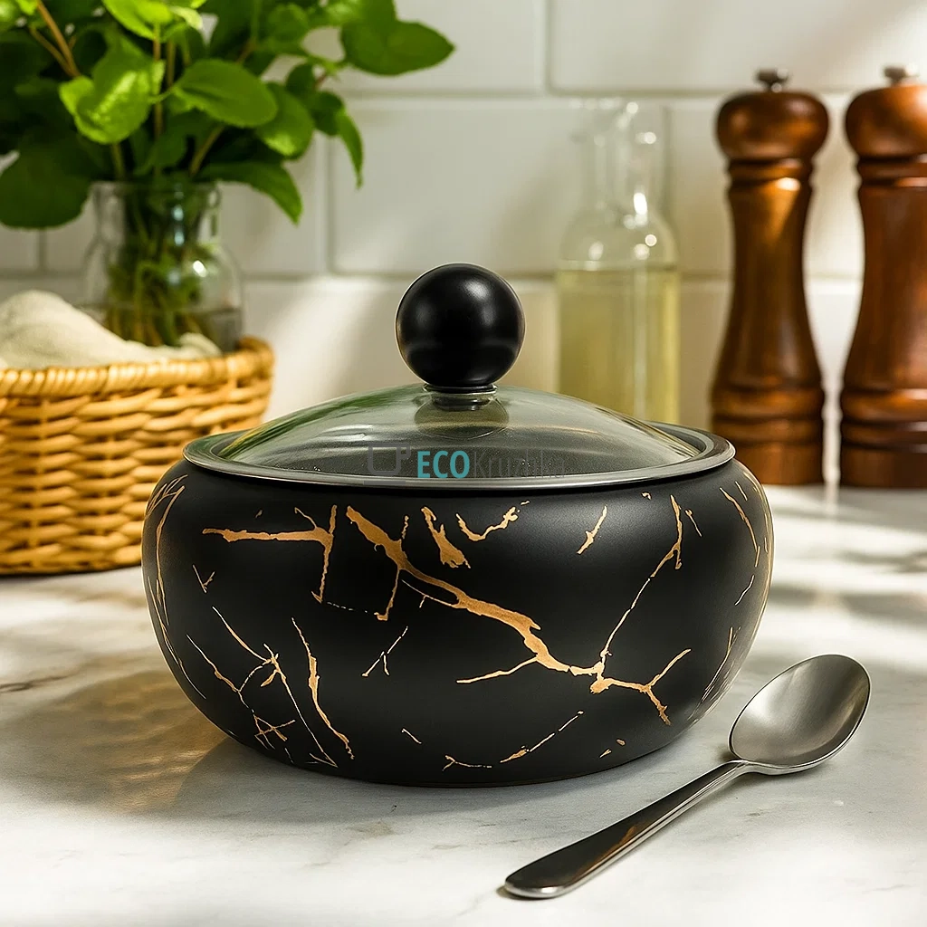 Цукорниця нержавіюча 450 мл з скляною кришкою та ложкою Чорне золото Edenberg EB-18032