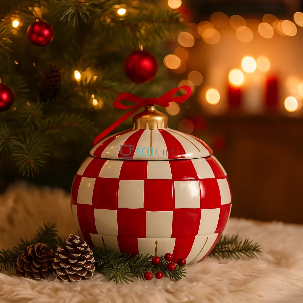 Банка керамічна у формі новорічної ялинкової кулі, 1.8 л — святкова декоративна ємність для зберігання солодощів (арт. 834-404)