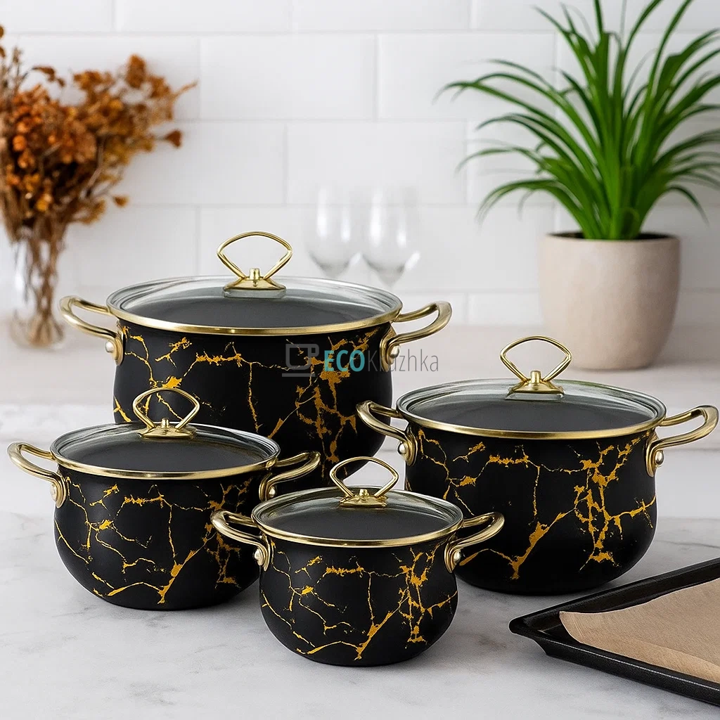 Набір емальованого посуду 8 предметів - 2.3,3,4,5 л чорний EB-12622 Набір емальованого посуду 8 предметів - 2.3,3,4,5 л чорний EB-12622