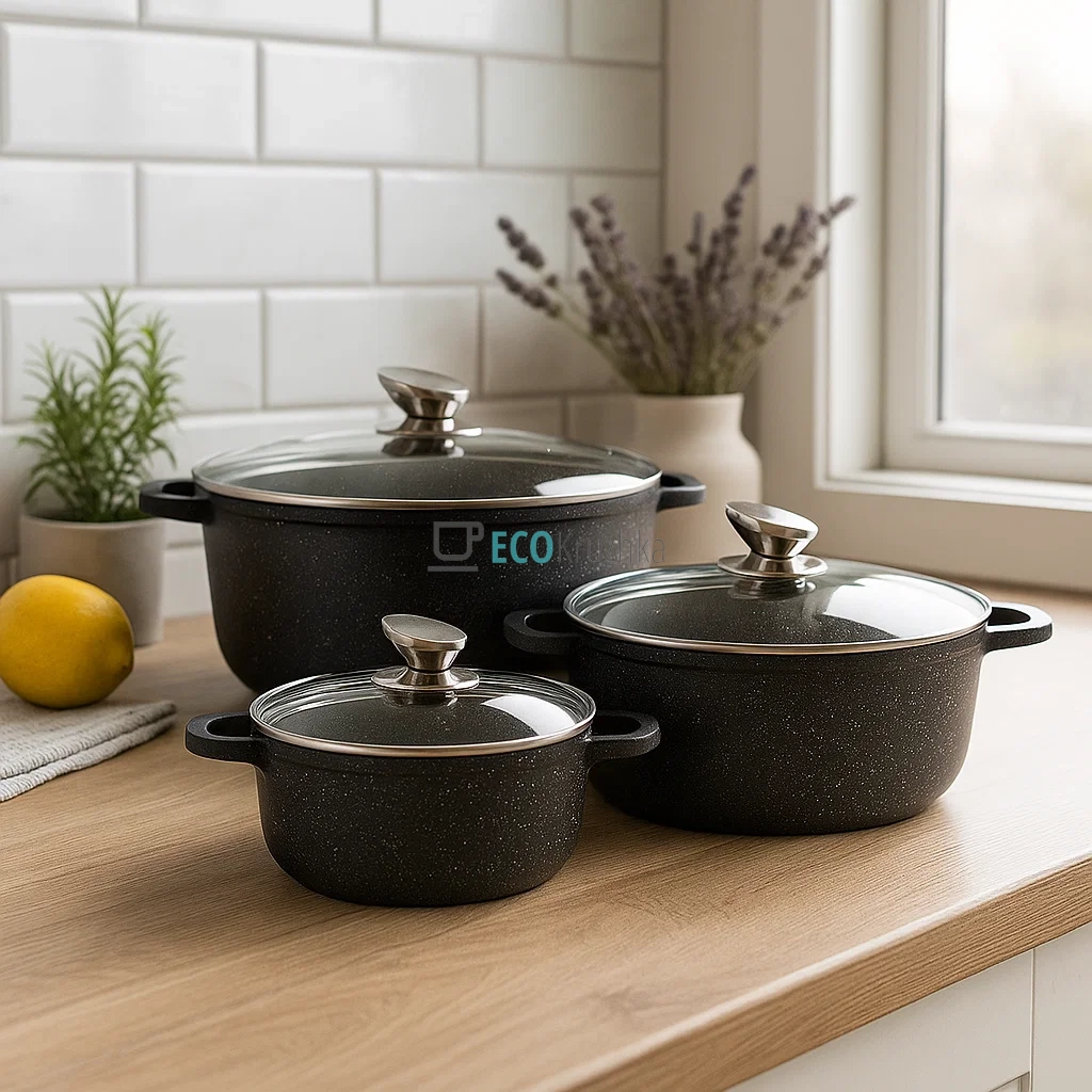 Набір нержавіючих каструль з кришками 7 предметів + прихватки (20/24/28 см) Kamille KM-4430 Набір нержавіючих каструль з кришками 7 предметів + прихватки (20/24/28 см) Kamille KM-4430