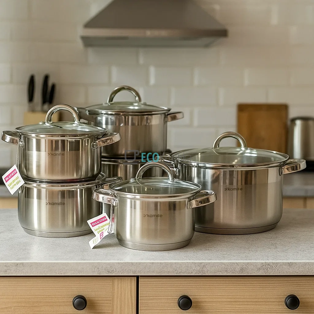 Набір каструль з нержавіючої сталі 12 предметів з кришками (1.8л, 2.5л, 3.8л, 6.5л) – для індукції, посудомийки, подвійні об’єми Kamille KM-5640S Набір каструль з нержавіючої сталі 12 предметів з кришками (1.8л, 2.5л, 3.8л, 6.5л) – для індукції, посудомийки, подвійні об’єми Kamille KM-5640S