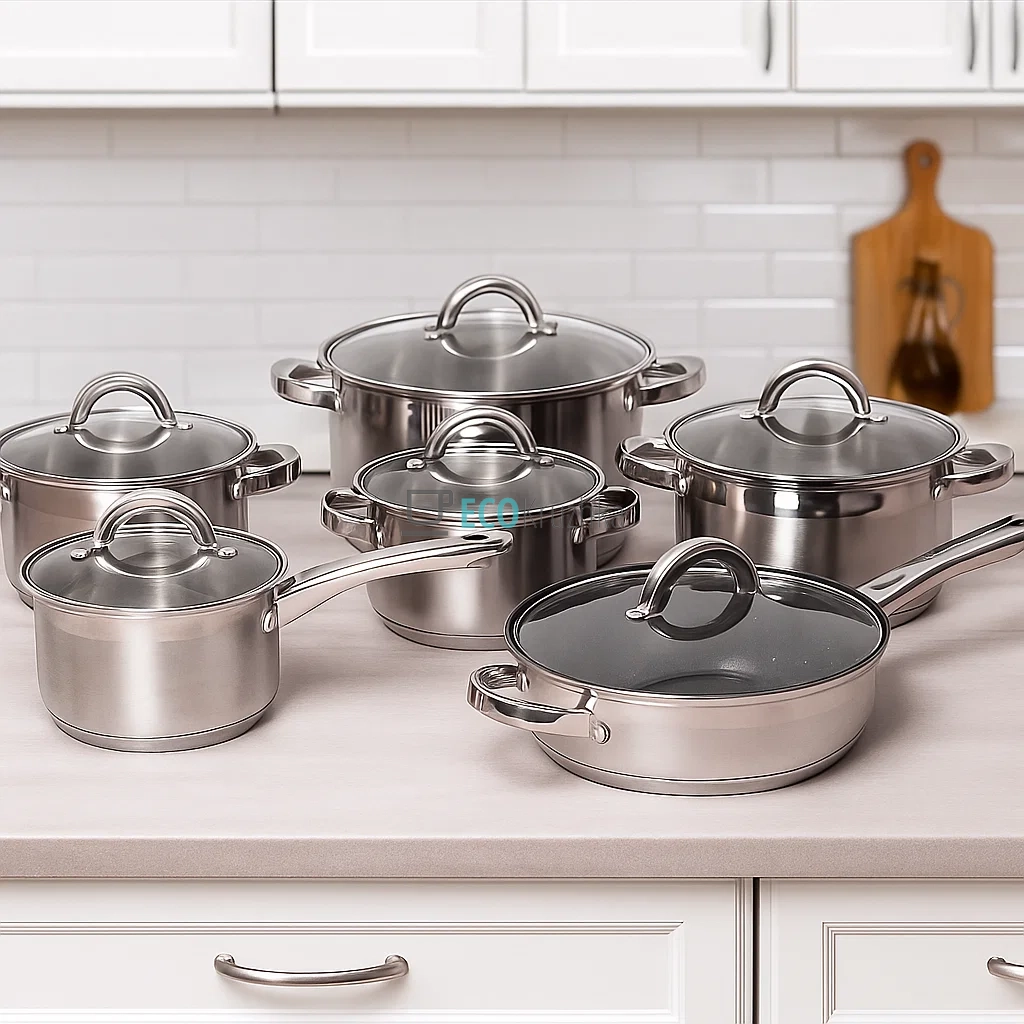 Набір посуду з нержавіючої сталі 12 предметів з кришками (каструлі, ковш, сковорідка мармурова) – для індукції, посудомийки, порожнисті ручки Kamille KM-5634S