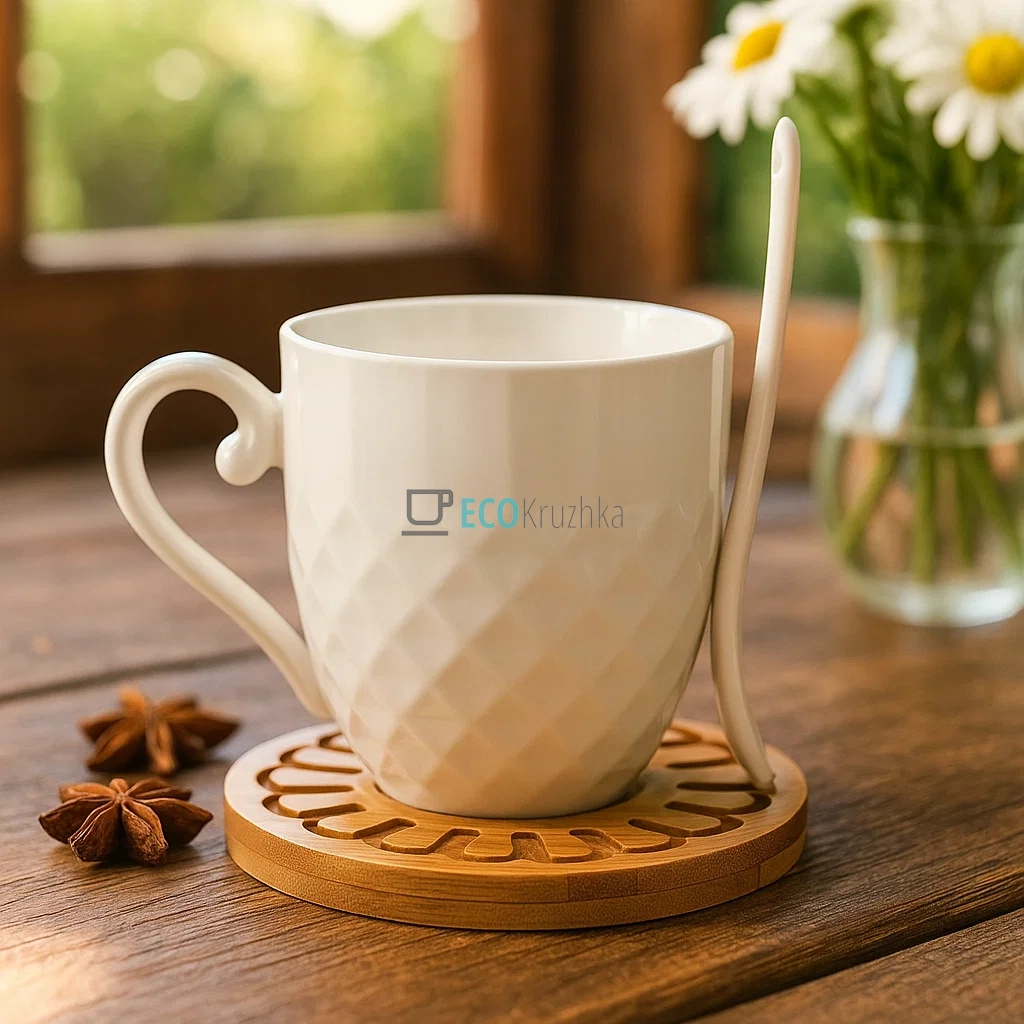 Чашка 300 мл із ложкой на бамбуковій підставці PJ03383 Чашка 300 мл із ложкой на бамбуковій підставці PJ03383