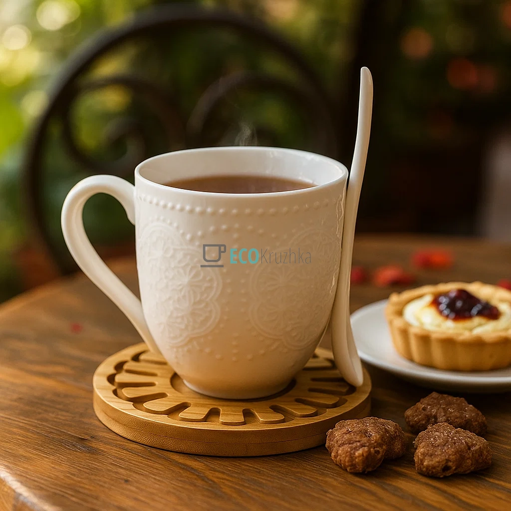 Чашка 300 мл із ложкой на бамбуковій підставці PJ03384 Чашка 300 мл із ложкой на бамбуковій підставці PJ03384