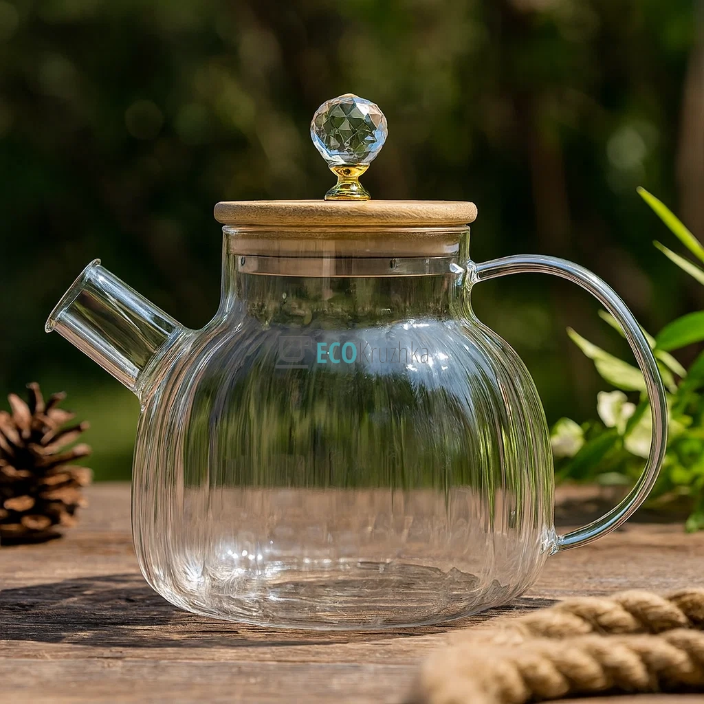 Чайник 1000 мл для заварювання скляний з бамбуковою кришкою (777-5)