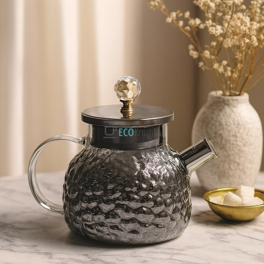 Заварник для чаю 1 л з металевою кришкою Скляний Сірий перламут (777-6) Заварник для чаю 1 л з металевою кришкою Скляний Сірий перламут (777-6)