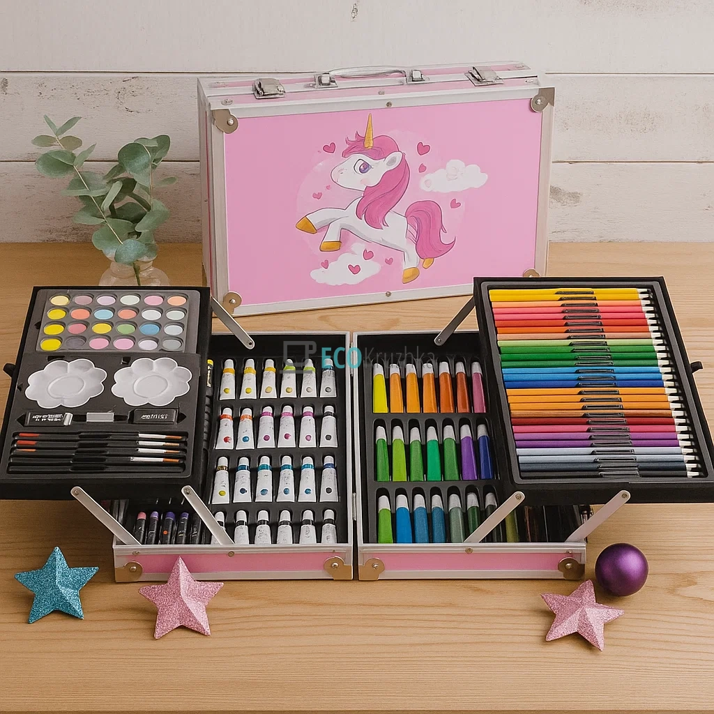 Набір для малювання і творчості 145 предметів в металевій валізі – рожевий (JU-11322) Набір для малювання і творчості 145 предметів в металевій валізі – рожевий (JU-11322)