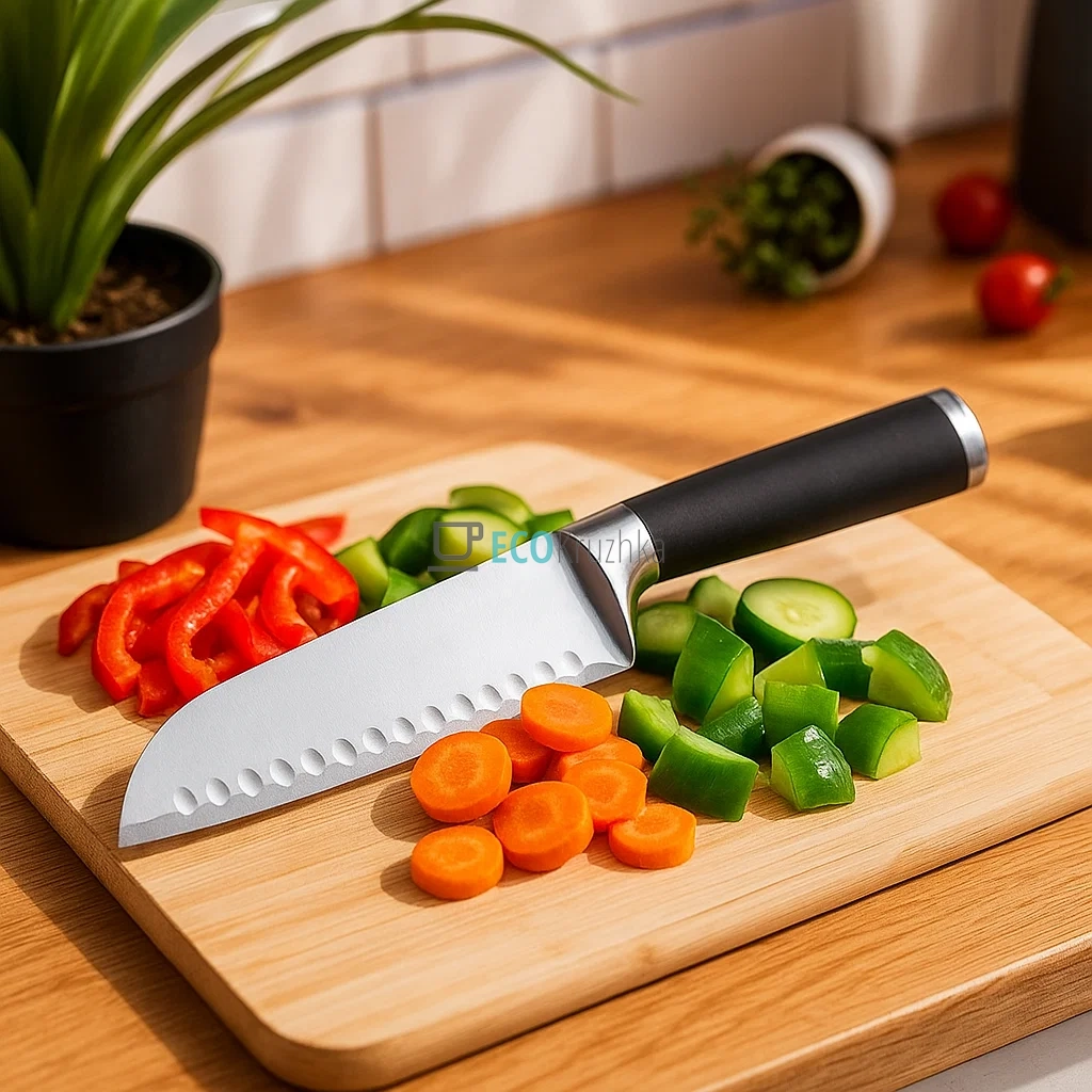 Ніж Сантоку з нержавіючої сталі, лезо 16 см, ергономічна ручка Soft Touch Kamille KM-5192 Ніж Сантоку з нержавіючої сталі, лезо 16 см, ергономічна ручка Soft Touch Kamille KM-5192