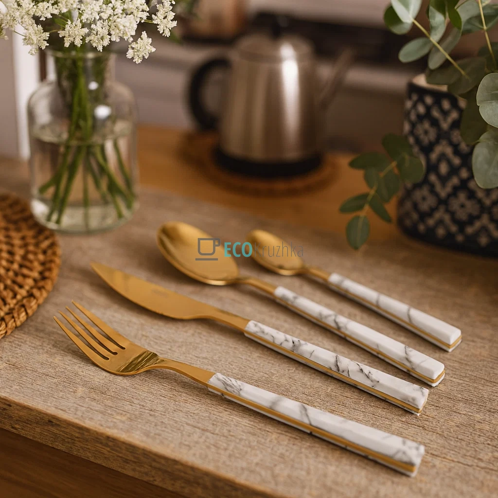 Набір столових приборів Ardesto Gemini Marmo, 16 приборів, нержавіюча сталь, пластик, золотисто-білий (AR1916MWS)