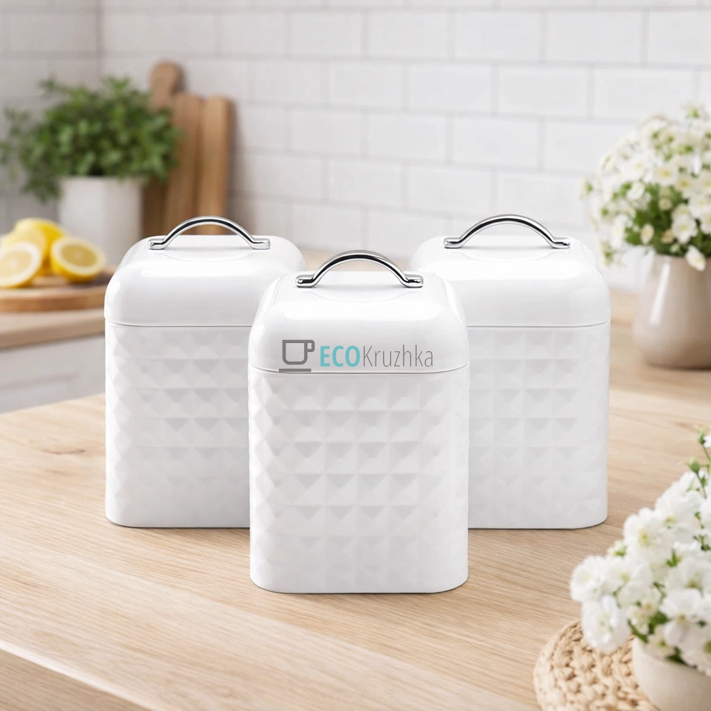 Набір Ємностей для Зберігання: Кава, Чай, Цукор - Трійка Стильних Баночок для Кухні (MR-1676-3S-WHITE)