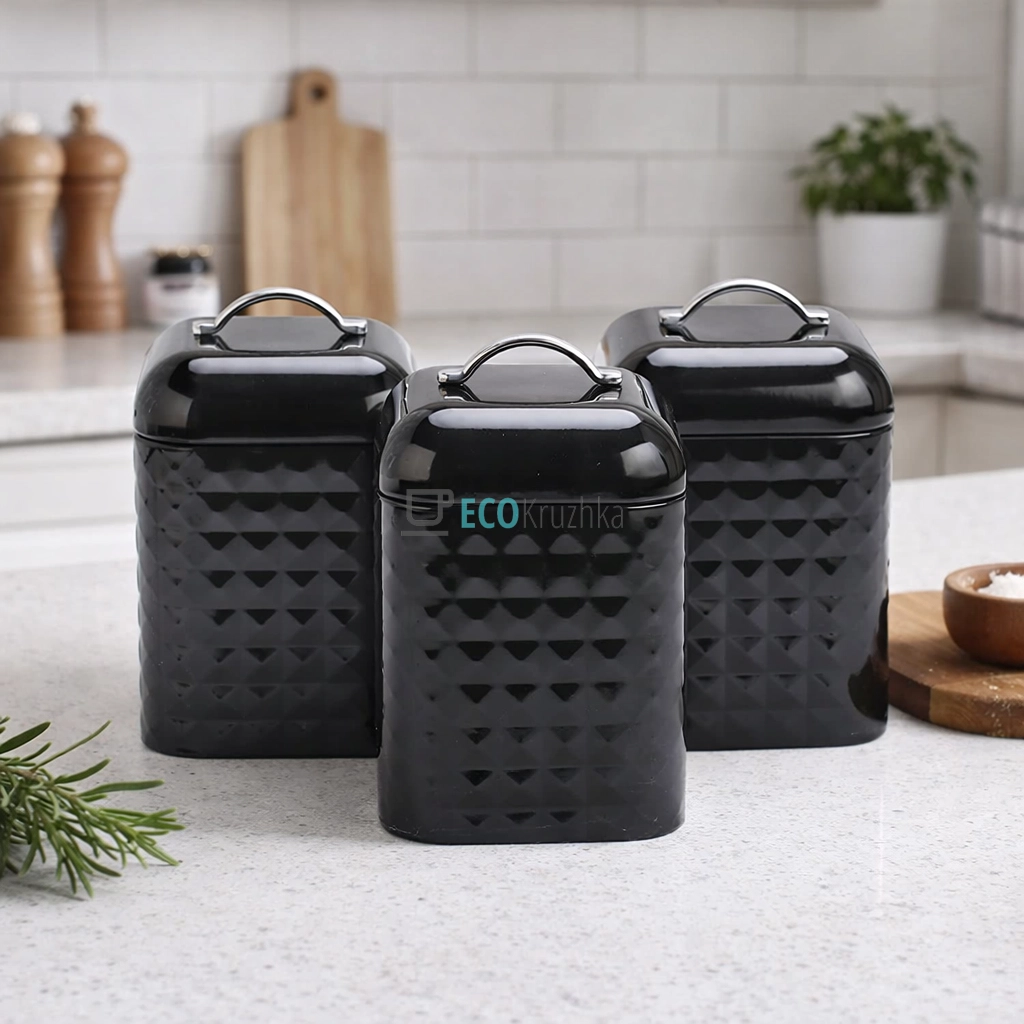 Набір Ємностей для Зберігання: Кава, Чай, Цукор - Трійка Стильних Баночок для Кухні (MR-1676-3S-BLACK)