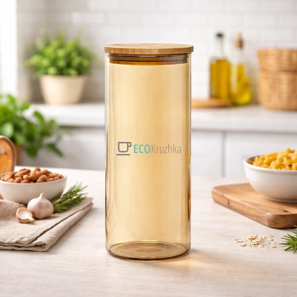 Банка для зберігання Ardesto Golden Moon, кругла, 1000 мл, скло, бамбук (AR1310BLRG)