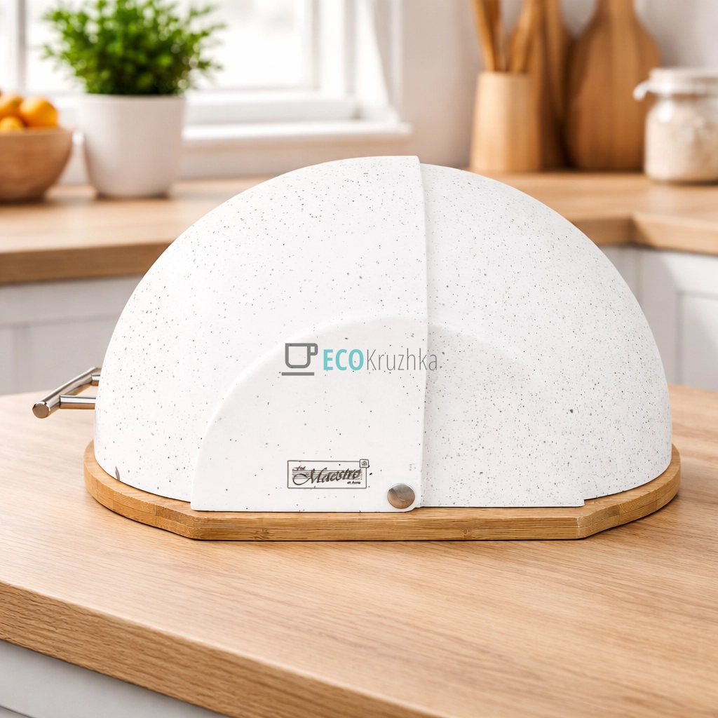 Хлібниця Maestro з деревяною основой та відкидной кришкою 37×21,5×39,5 см Біла MR-1678G-WHITE
