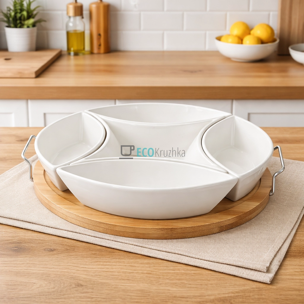 Менажниця 29 см чотирохсекційна на бамбуковій підставці PJ02039