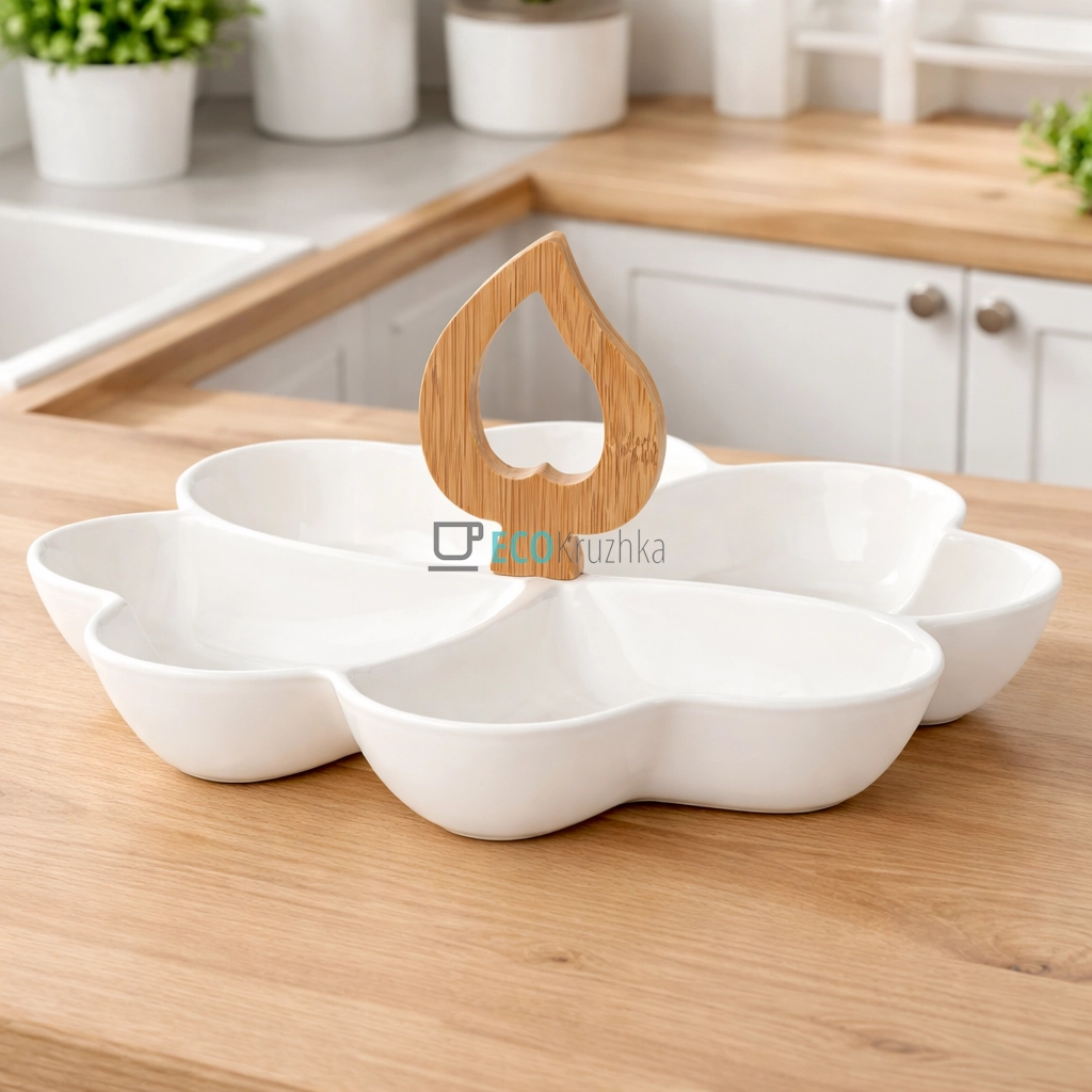 Менажниця 29 см чотирохсекційна із бамбуковой ручкой PJ02910