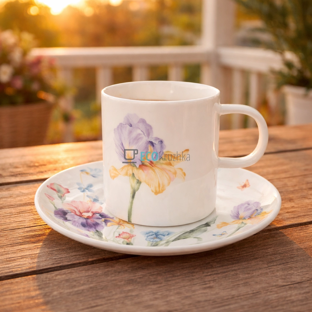 Кавовий набір з 2 порцелянових чашок з блюдцями 220 мл Iris (K251) Кавовий набір з 2 порцелянових чашок з блюдцями 220 мл Iris (K251)
