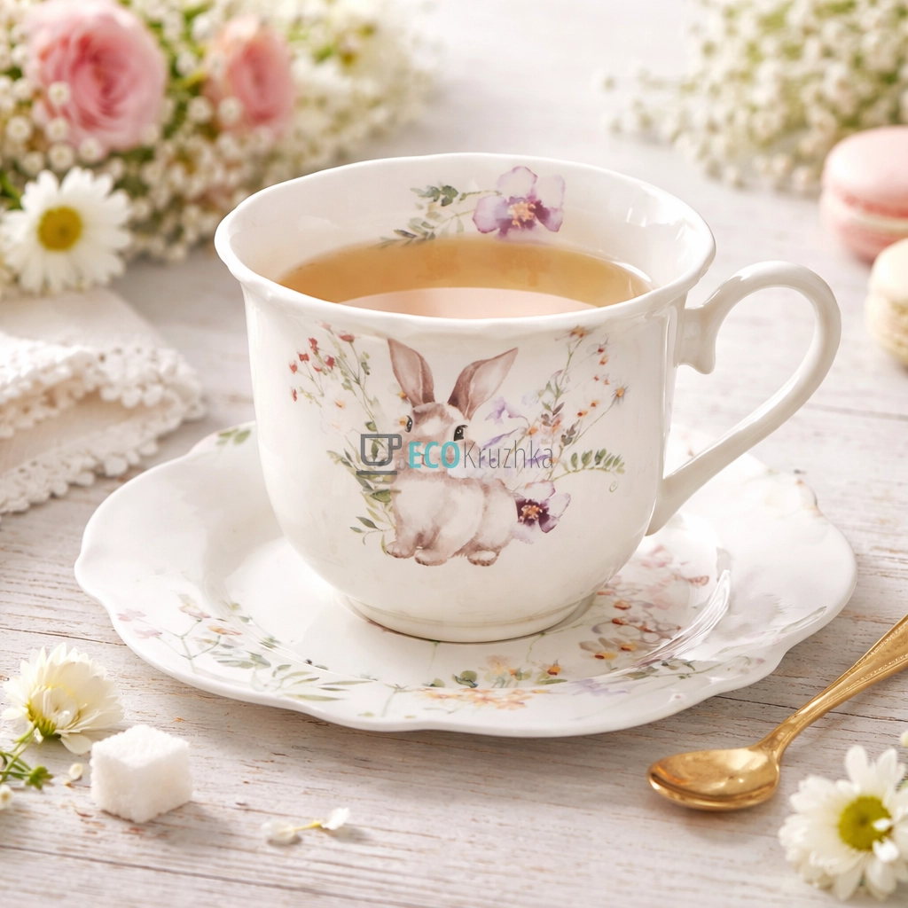 Порцеляновий чайний сервіз "Весняна історія" – чашка 270 мл з блюдцем (K090)