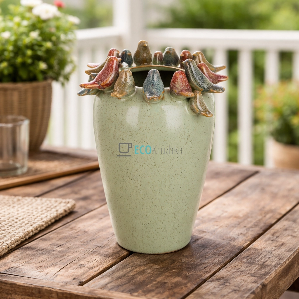 Декоративна керамічна ваза Birds 16 х 15.5 х 22 см зелений (148-001)