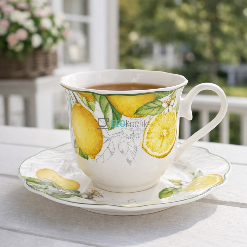 Порцеляновий набір чашка 250 мл з блюдцем Сицилійський лимон — комплект для чаю або кави (К105)