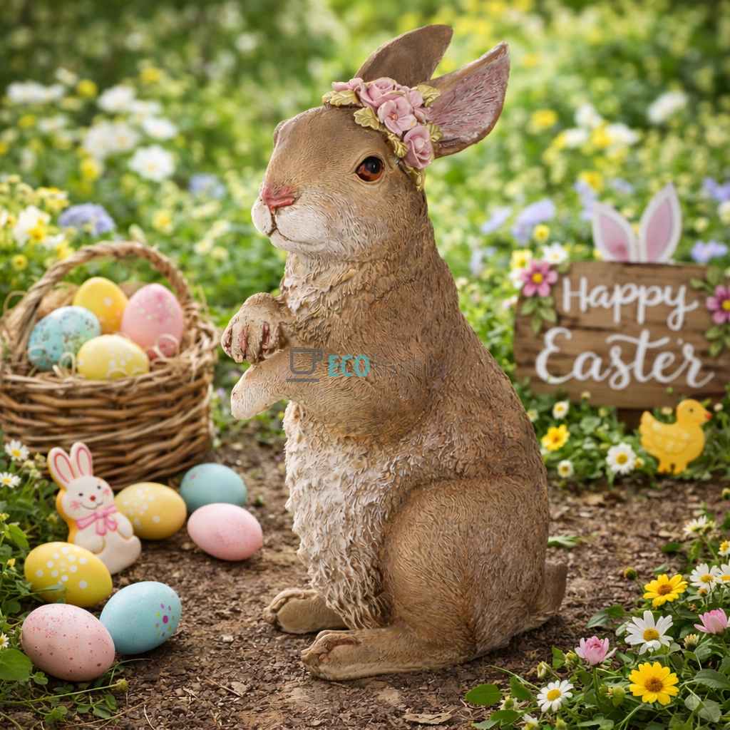 Декоративна статуетка Заєць з рожевими квітами 31 см (218-007)