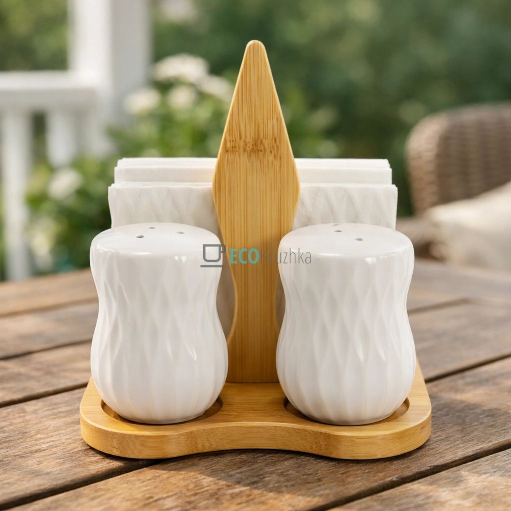 Набір на бамбуковій підставці три предмети (серветниця, сільничка, перечниця) PJ03806