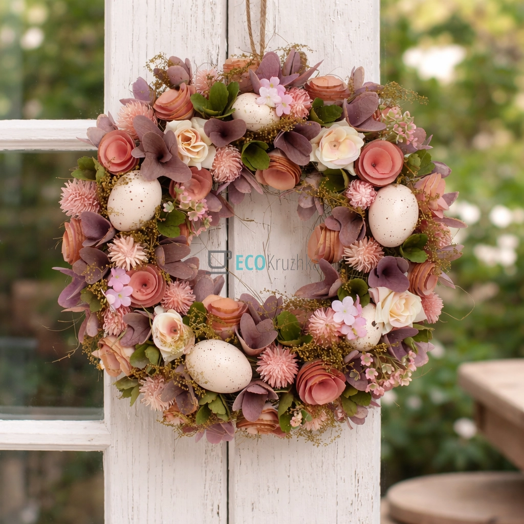 Великодній вінок 33 см лілово-персиковий (743-887)