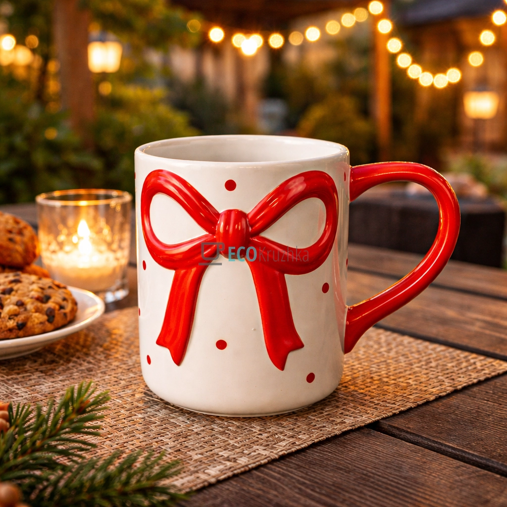 Кухоль керамічний Бант 400 мл біло-червоний (304-041)