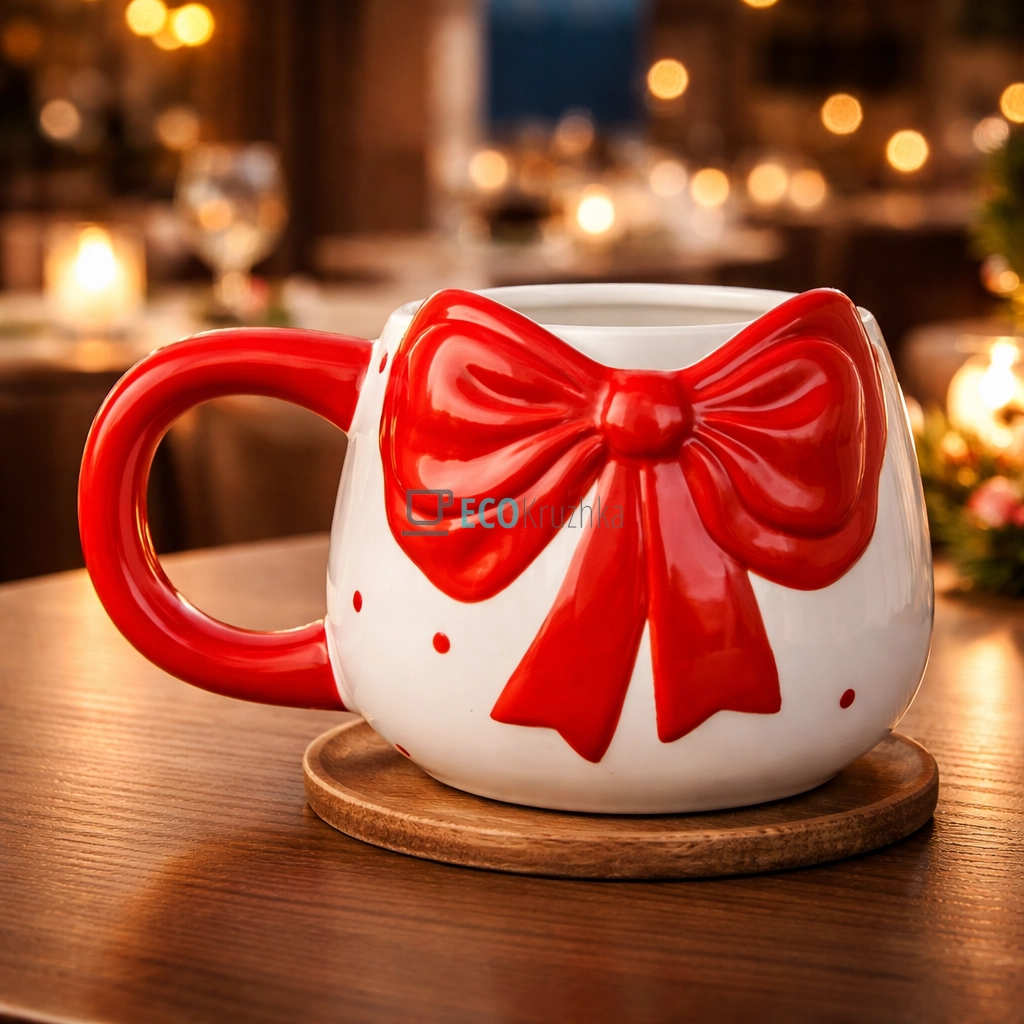 Кухоль керамічний Бант 400 мл біло-червоний (304-039)