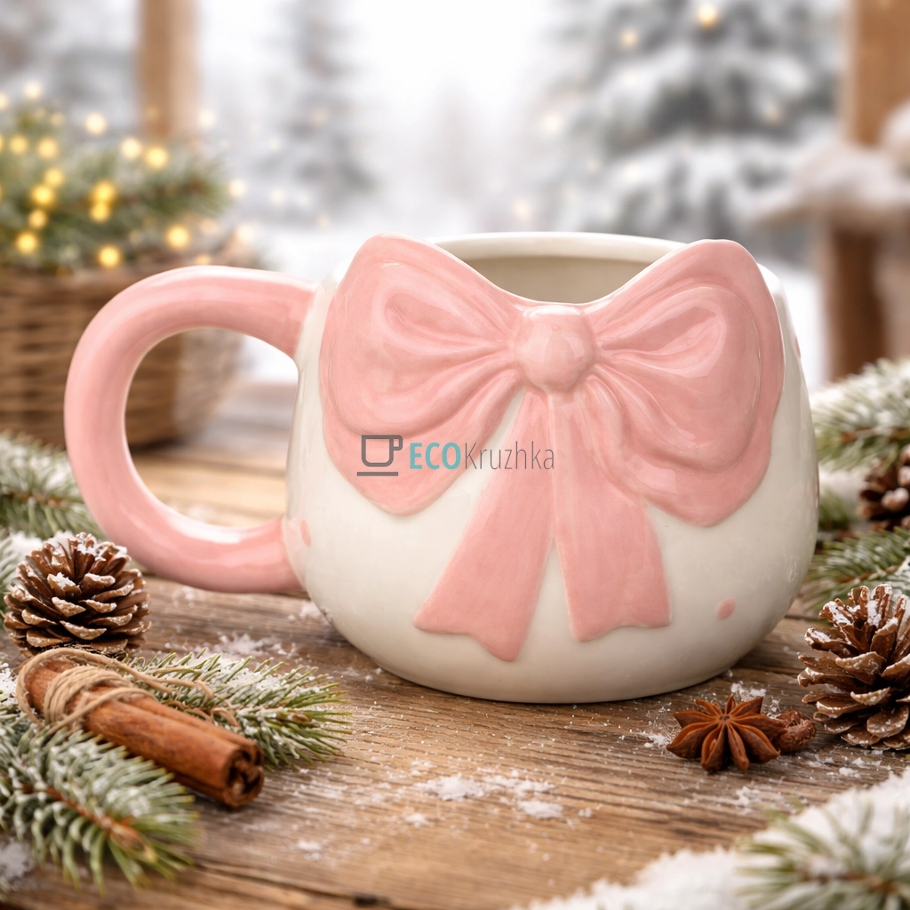 Кухоль керамічний Бант 400 мл біло-рожевий (304-038)
