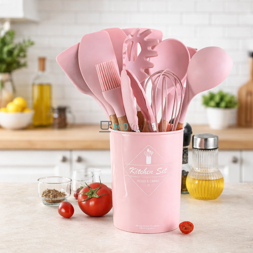 Набір кухонного посуду 12 шт з бамбуковими ручками рожевий (JU-5463)