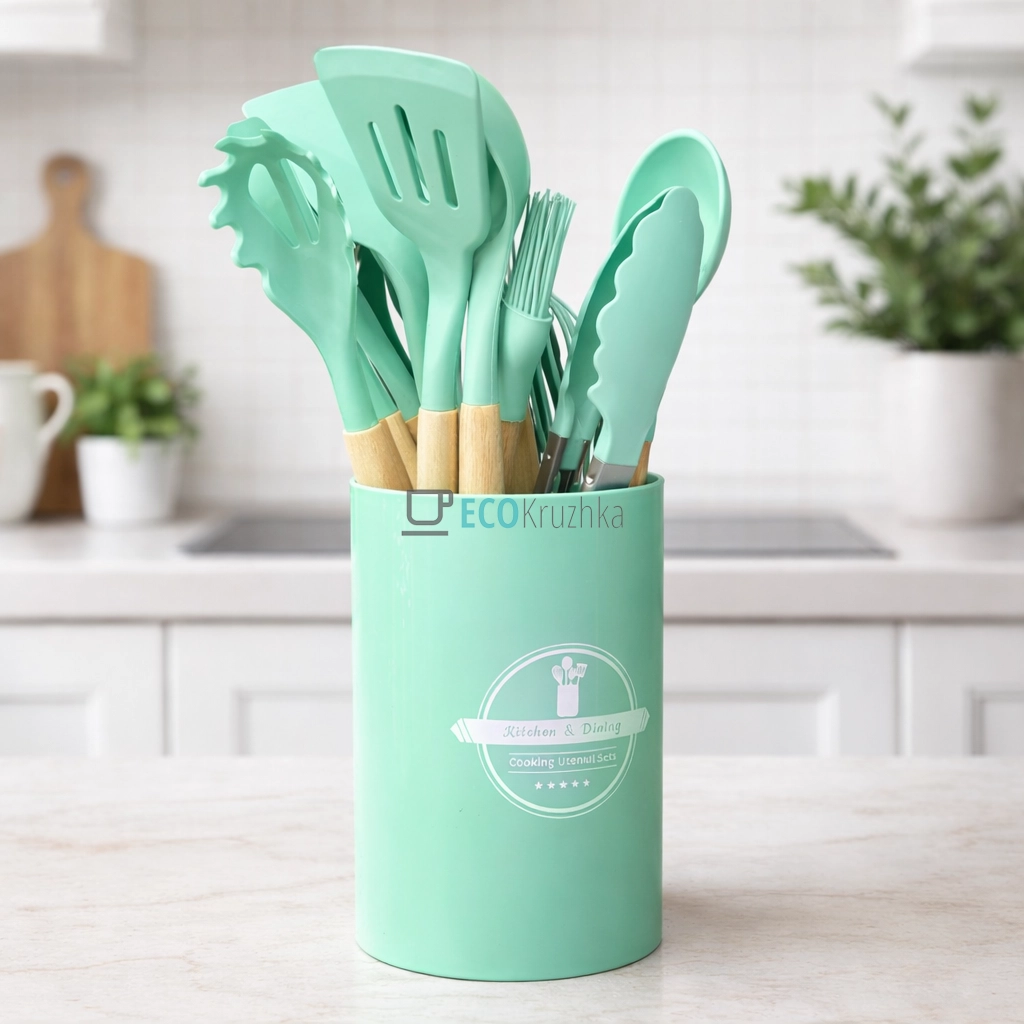 Набір кухонного посуду 12 шт з бамбуковими ручками бірюзовий (JU-5463)